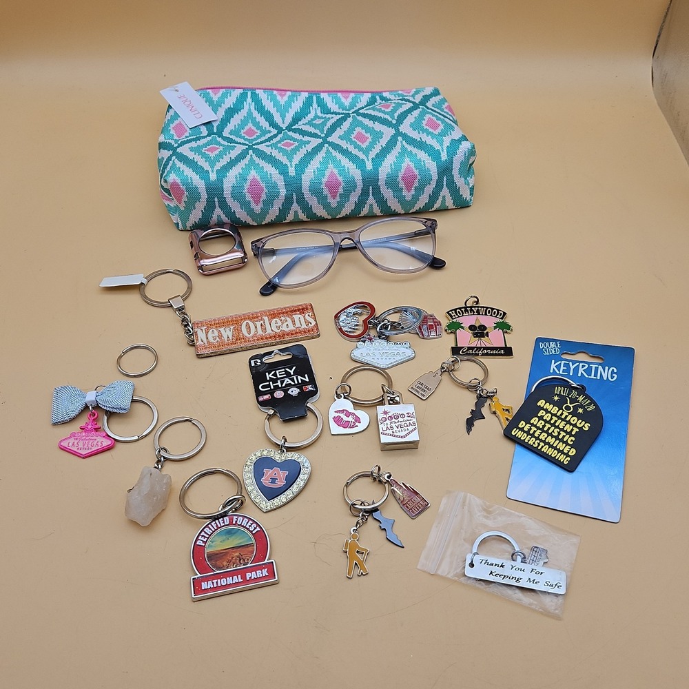 Junk Drawer Lot Tourist Key Chains Makeup Bag Glasses Estate